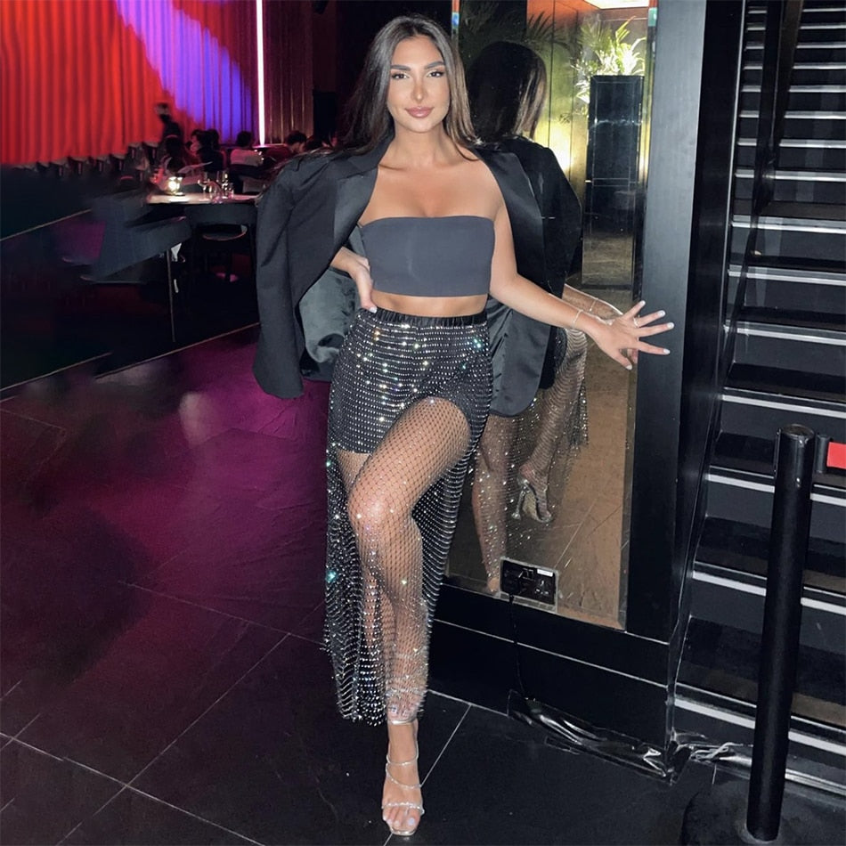 YOUR BUMP CURVE Shiny Crystal Mesh Hollow Split Loose Skirt Sexy Ladies Beach Party Rhinestone Skirt