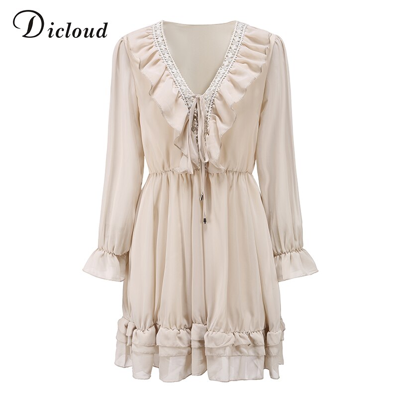 DICLOUD Sexy Lace Women&#39;s Party Dress Elegant Long Sleeve Ruffle Chiffon White Dress Summer V Neck Ladies Wedding Clothing 2021
