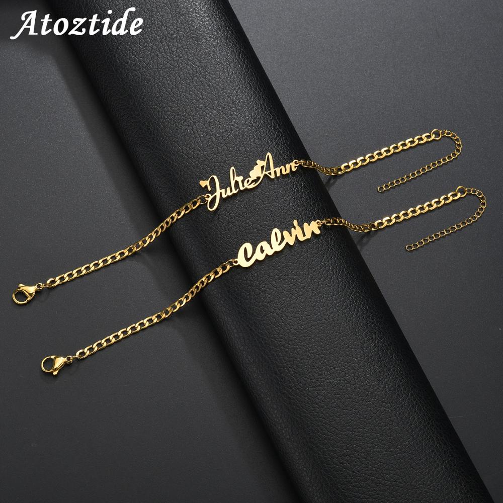 Atoztide Custom Personalized  Name Bracelet  Stainless Steel Charms Handmade Cuban Chain Engraved Handwriting NK Bangle Gift Main image