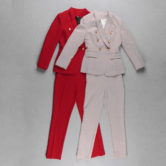 Office Ladies women&#39;s pantsuit Red Pink Business Classic Double-breasted Buttons Nine Blazer Pants Set Two Piece Formal Suits