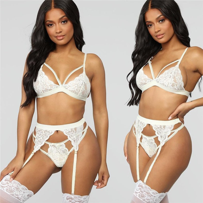 Leechee 3pcs Sexy Women's Underwear Floral Lace Lingerie Set With Garter Black Wire Free Brassiere Transparent Underwear Bra Set