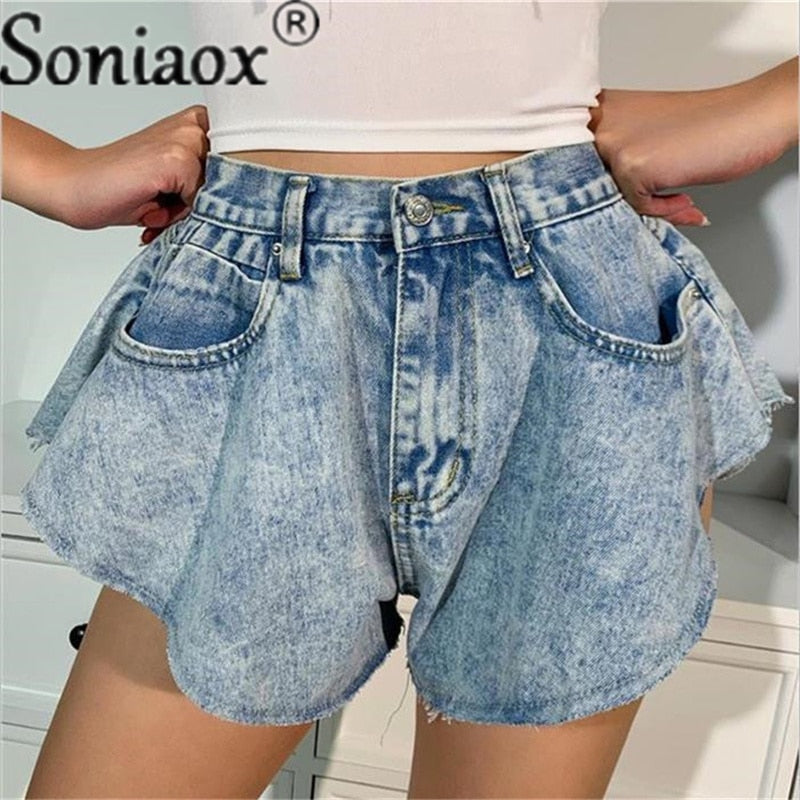 Ripped Denim Shorts Sexy High Waist Ruffle Hem Loose Ruched