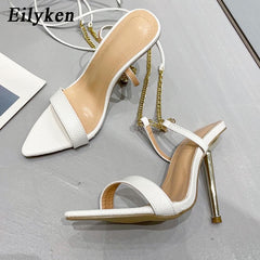 Ankle Strap Silver Women High Heels Sandals Pointed Toe