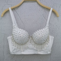 Women Summer Style Sexy Designer Crystal Diamonds Tassel Black White Cotton Camisole Tops 2021 High Street Short Camis Crop Tops