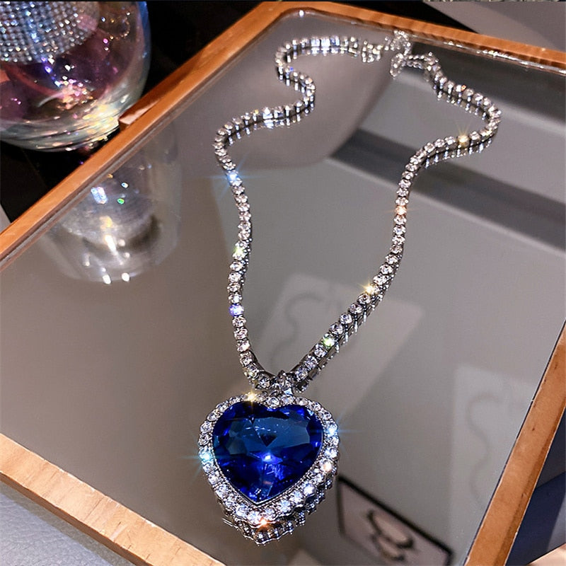Blue Heart Crystal Necklace Long Chain Pendant Necklace