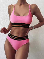Webbing Patchwork Padded Bra High Waist Swimsuit