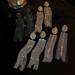 Trina Black Gold Color Water Drop Crystal Earrings Oversize Long Tassel Rhinestone