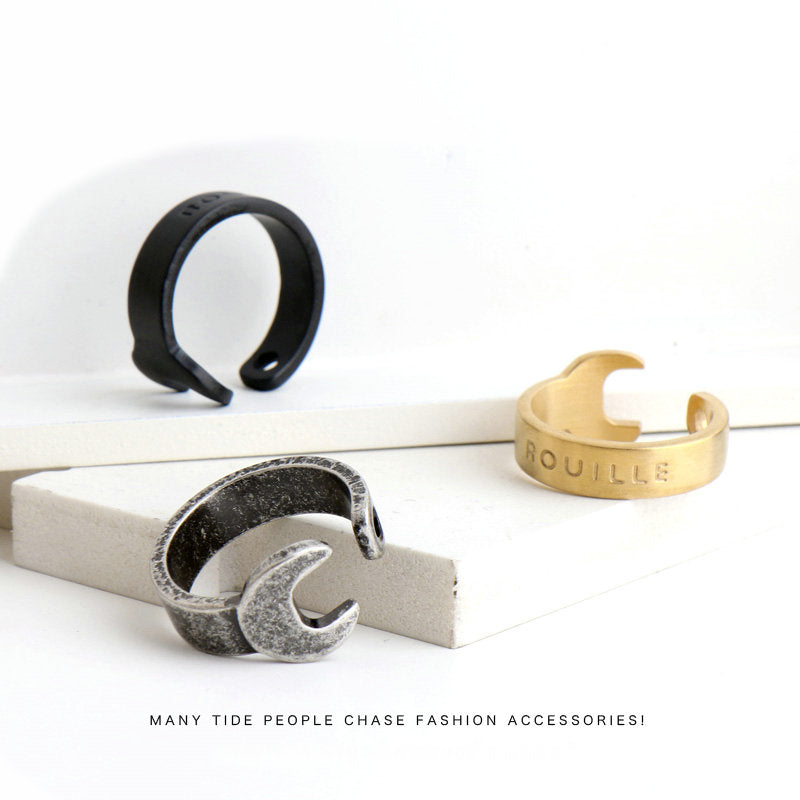 Punk Gothic Wrench Open Ring in Black Stainless Steel