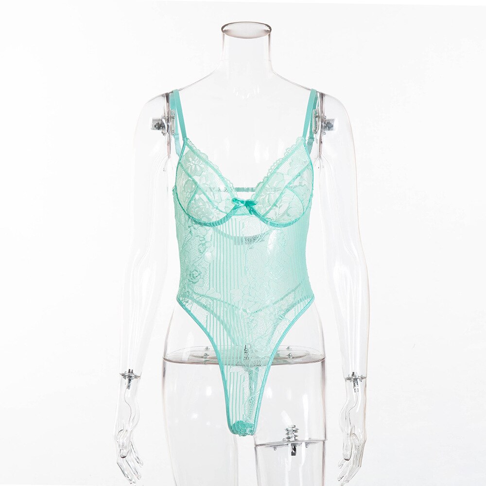 Yimunancy Floral Sheer Lace Bodysuit Women Backless Transparent Mesh Bodysuit Bow Sexy Bodysuit Ladies Cut Out Strap Jumpsuit