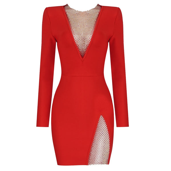 Beading Long Sleeve Rayon Bandage Sexy Hollow Out Mini Runway Dress