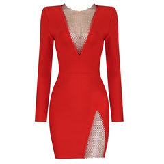 Beading Long Sleeve Rayon Bandage Sexy Hollow Out Mini Runway Dress