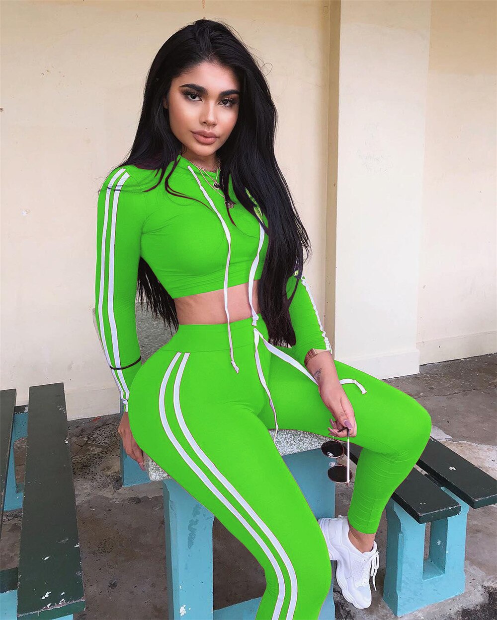 Fitness Casual 2 Piece Set Tracksuit Women Side Striped Hoodies Cropped Tops and Pants Jogger Two Piece Outfits Chandal Mujer