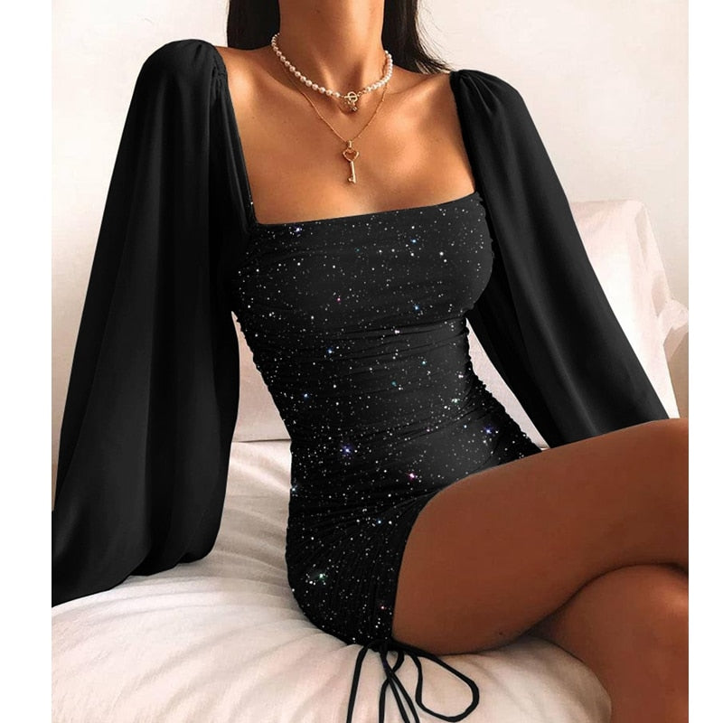 High Waist Long-Sleeve Sheath Mini Dress