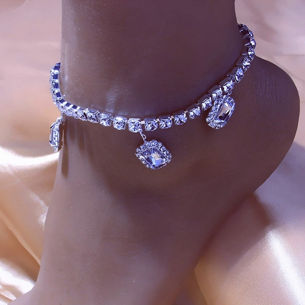 Crystal Square Pendant Tennis Chain Anklet