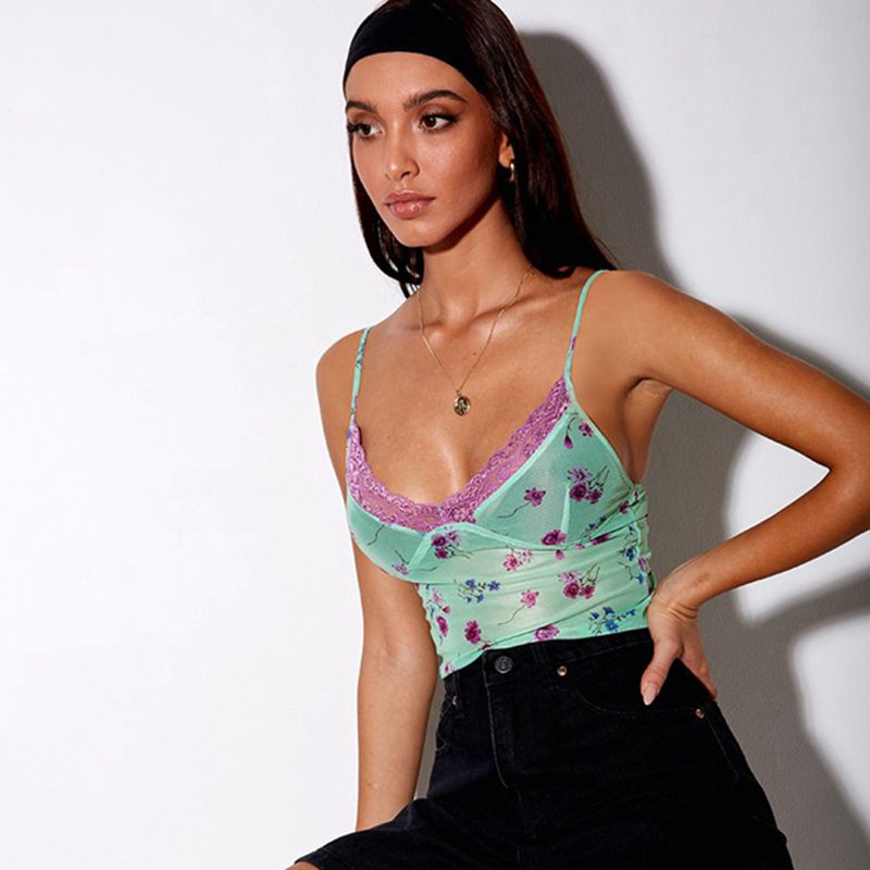 Y2K Floral Print Lace Cami Top Sexy Mesh Sheer Transparent Spaghetti Strap Top Sleeveless Streetwear Women Crop Tops 2023 Secondary image