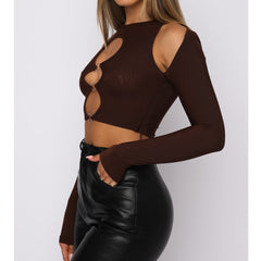 wsevypo Women Cutout Crop Tops Solid Color T-shirt Sexy Long Sleeve Round Neck Hollow Out Tees with Rings Streetwear Pullovers