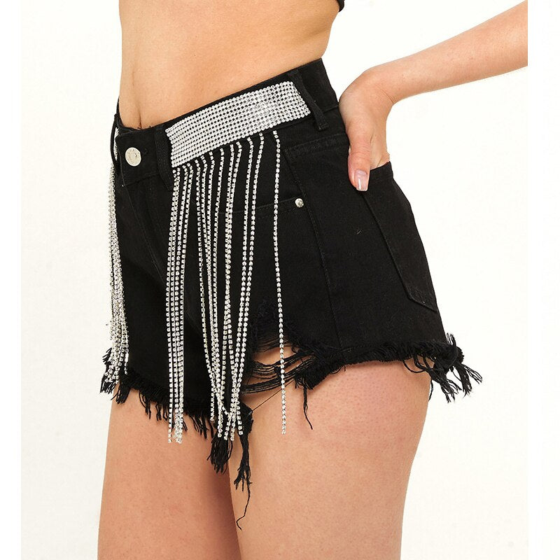 Sexy Fringe Shorts Denim Jeans Women Rhinestone Embellished Female Short Trousers Tassel Summer Clothing Designer Black 2021