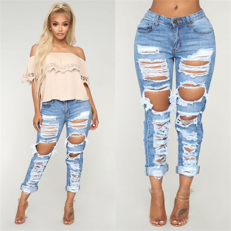 New Boyfriend jeans Fashion summer ripped jeans for women Street hipster denim long pants S-2XL drop shipping