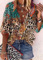 2021 Women Plus Size  Leopard Print V-Neck 3/4 Sleeves Button Up Casual Shirt Blouse