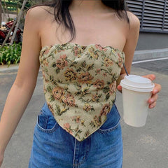 BoozRey Vintage Floral Tube Top Women Sleeveless Beach Club Party Streetwear Girl Chic Backless Crop Top Flower Retro Tank Tops