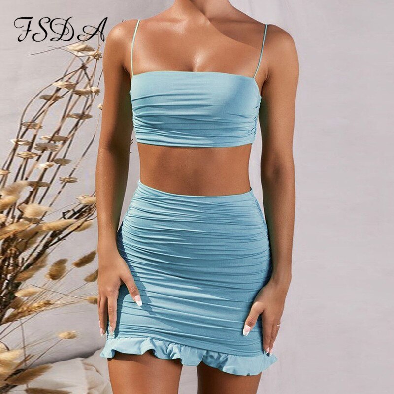 FSDA Summer 2020 Women Set Spaghetti Strap Crop Top White Sexy And Mini Bodycon Skirt Ruffles Party Outfit Club Two Piece Sets