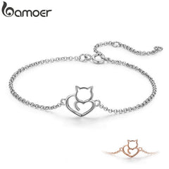 BAMOER 100% 925 Sterling Silver Cat And Heart Link Chain Bracelets &amp; Bangles for Women Authentic Silver Jewelry Gift SCB102