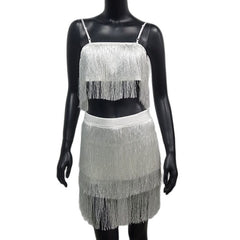 Fashion Tassel Spaghetti Strap Crop Top Mini Dress 2 Piece Set Women Sexy Camis Package Hip Dresses Party Clubwear Suits