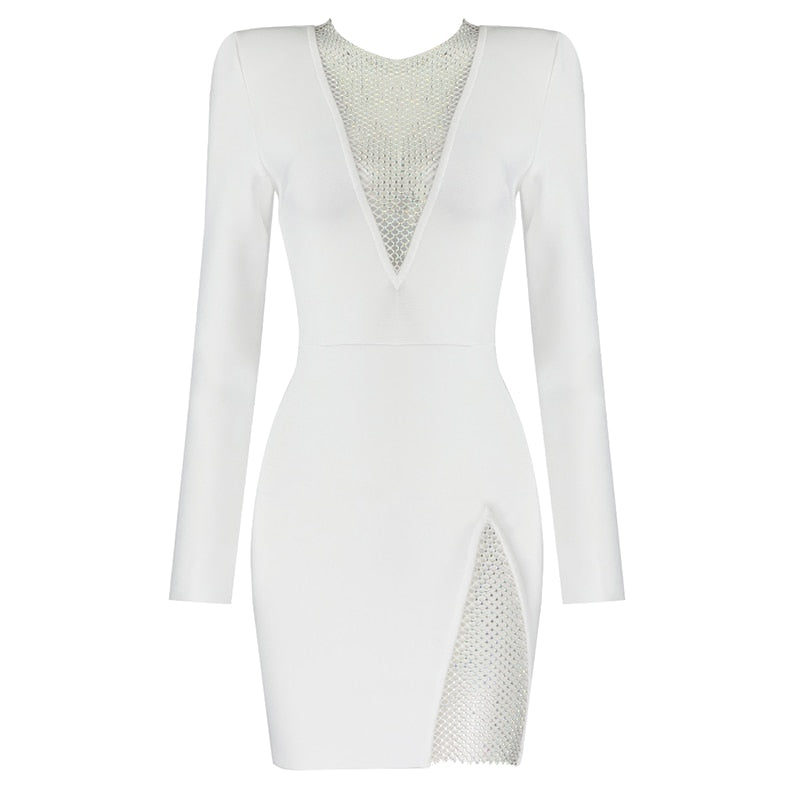 Beading Long Sleeve Rayon Bandage Sexy Hollow Out Mini Runway Dress