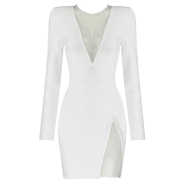 Beading Long Sleeve Rayon Bandage Sexy Hollow Out Mini Runway Dress