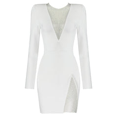 Beading Long Sleeve Rayon Bandage Sexy Hollow Out Mini Runway Dress