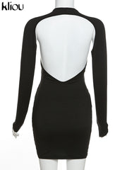 Kliou Sexy Hollow Out Mini Dress Women Solid Unique Design Long Sleeve Backless Body-Shaping Cleavage Hip Skirt Female Partywear