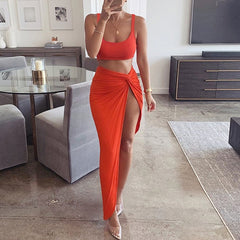 2 Pieces Crop Top And High Waist Long Skirts Set