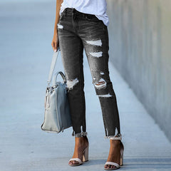 2022 New Pencil Pants Ripped Slim Fit High Waist Vintage Streetwear Casual Fashion Stretch Blue Jeans Woman