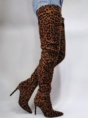 Stretch Thigh High Leopard Boots Over the Knee Boots Thin High Heel Long Shoes