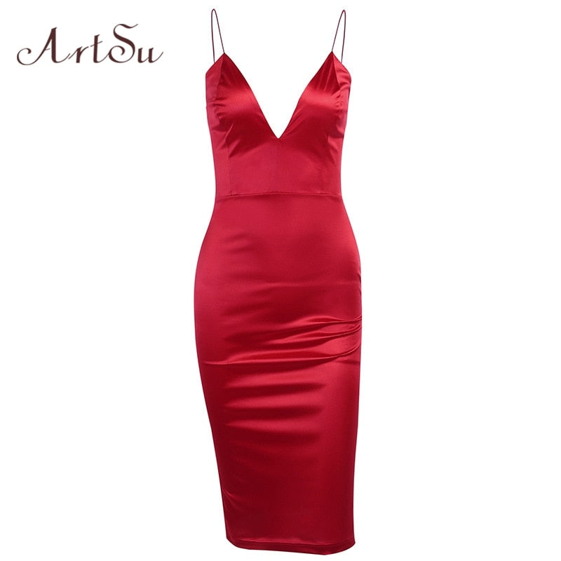 Artsu New Year Party Dress Red Satin Midi Dresses Solid 2020 Spring V-Neck Backless Dress Straps Zipper Slim Dress ASDR60689