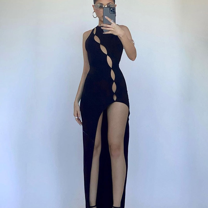 Cryptographic Fashion Sexy Black Cut Out Slit Long Tank Dress Women Club Party Sleeveless Backless Maxi Dresses Summer Clothes