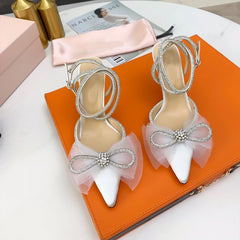 Glitter Rhinestones Pumps Crystal bowknot Satin Shoes Genuine leather High heels