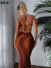Kliou Ribbed Lace up Maxi Dress Women Sexy Solid Sleeveless Backless Body-Shaping Cut Out Skirt Party Clubwear Female Vestidos