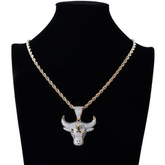 Men Hip Hop Fashion Full Rhinestone Bull Head Pendant Necklace Sparkling Ice Out Gold Plated Metal Necklace