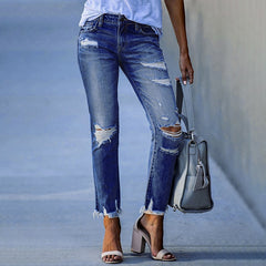 2022 New Pencil Pants Ripped Slim Fit High Waist Vintage Streetwear Casual Fashion Stretch Blue Jeans Woman