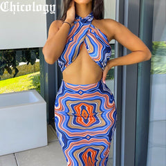 Chicology Women Summer 2021 2 Two Pieces Sets Sexy Tie Dye Print Top High Waist Bodycon Elegant Midi Skirts Wholesale Suits