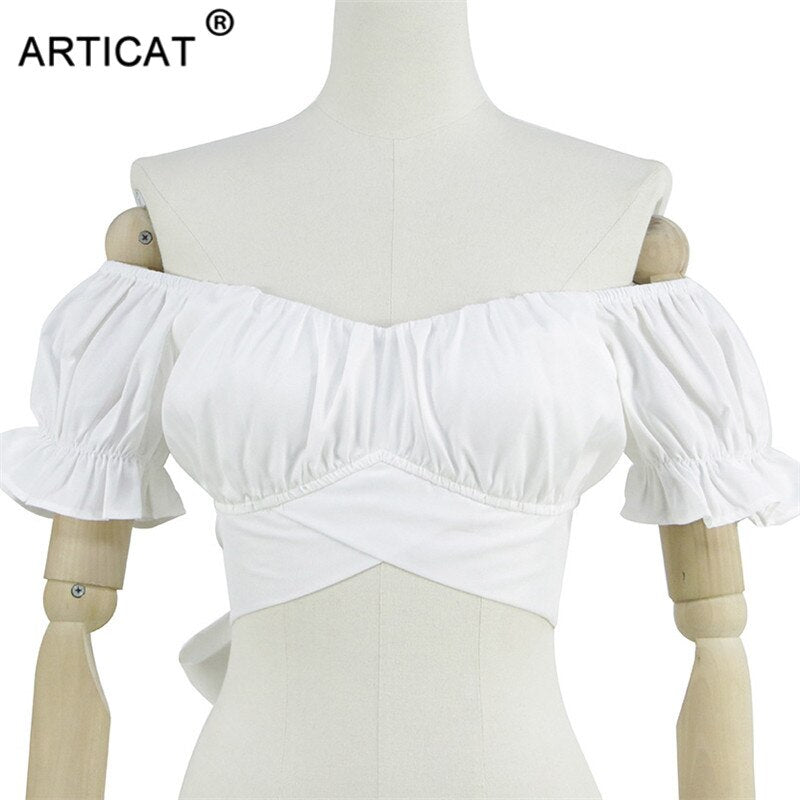 Articat Sexy Off Shoulder Backless Bow Tie Crop Tops Women V Neck Ruffles Sleeve Mini T Shirts Summer Street Tees Casual Beach