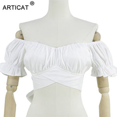 Articat Sexy Off Shoulder Backless Bow Tie Crop Tops Women V Neck Ruffles Sleeve Mini T Shirts Summer Street Tees Casual Beach