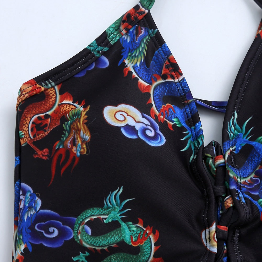 Dragon Print Strapped Push Up Cross Tied bikini