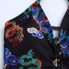 Dragon Print Strapped Push Up Cross Tied bikini