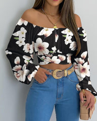 Autumn Women Daisy Print Crossed Tied Back Crop Top 2021 Femme Casual Off Shoulder Ruched Lantern Sleeve Blouse y2k Lady Outfits