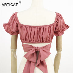 Articat Sexy Off Shoulder Backless Bow Tie Crop Tops Women V Neck Ruffles Sleeve Mini T Shirts Summer Street Tees Casual Beach
