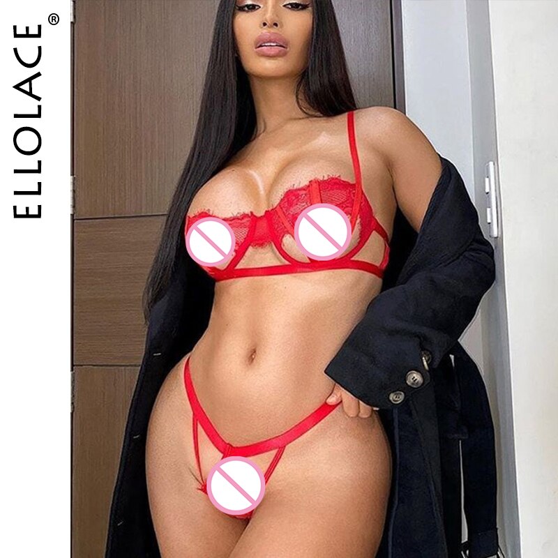 Ellolace Push up Erotic Lingerie Set Transparent Bra Set Women&#39;s Underwear Set Lace See Through Bra and Thong Sexy Bra Lingeries