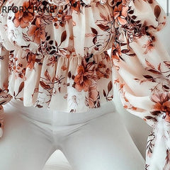 Women Lace Off Shoulder Floral Print Frill Hem Ruched Top Blouse Womens Tops and Blouses