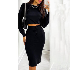 Autumn Women Casual Two Piece Dress Suit Sets Geometric Print Long Sleeve Top &amp; Drawstring Shirred Skinny Skirt Set